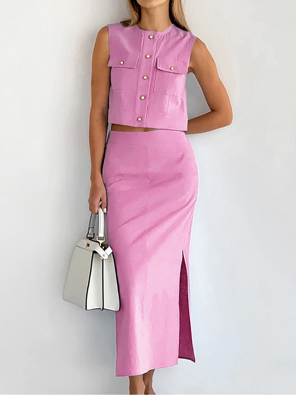 Commense Pink 2 Piece Set Midi Skirt Pearl Buttons Coquette Preppy Ole Money XL